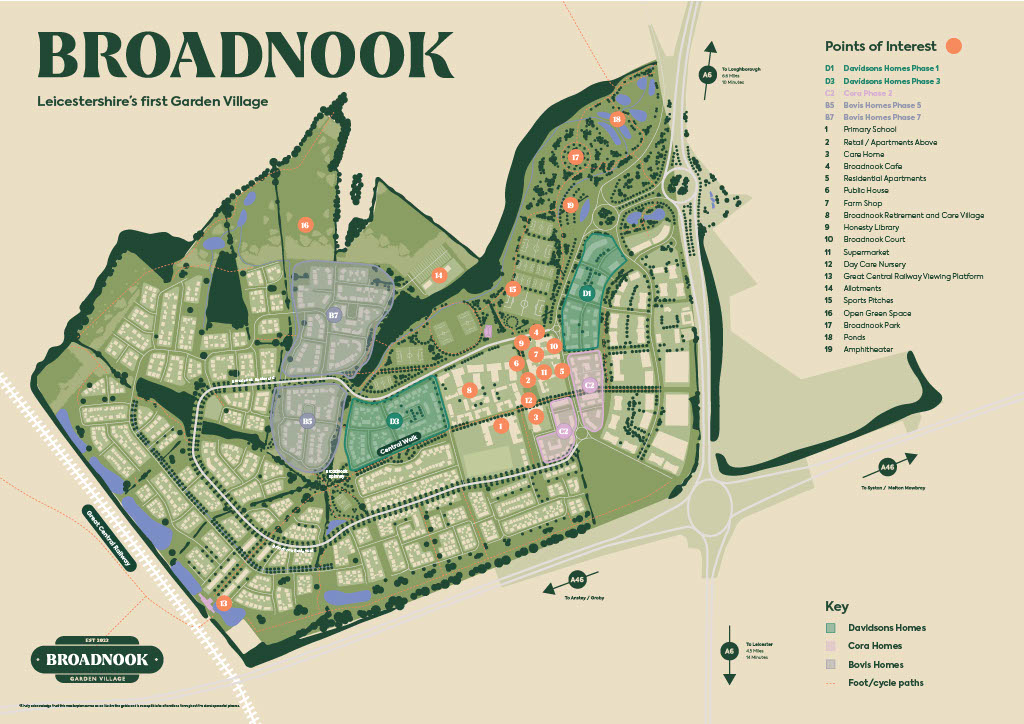 Map of Broadnook Garden Village showing the village layout, green space and key points of interest.