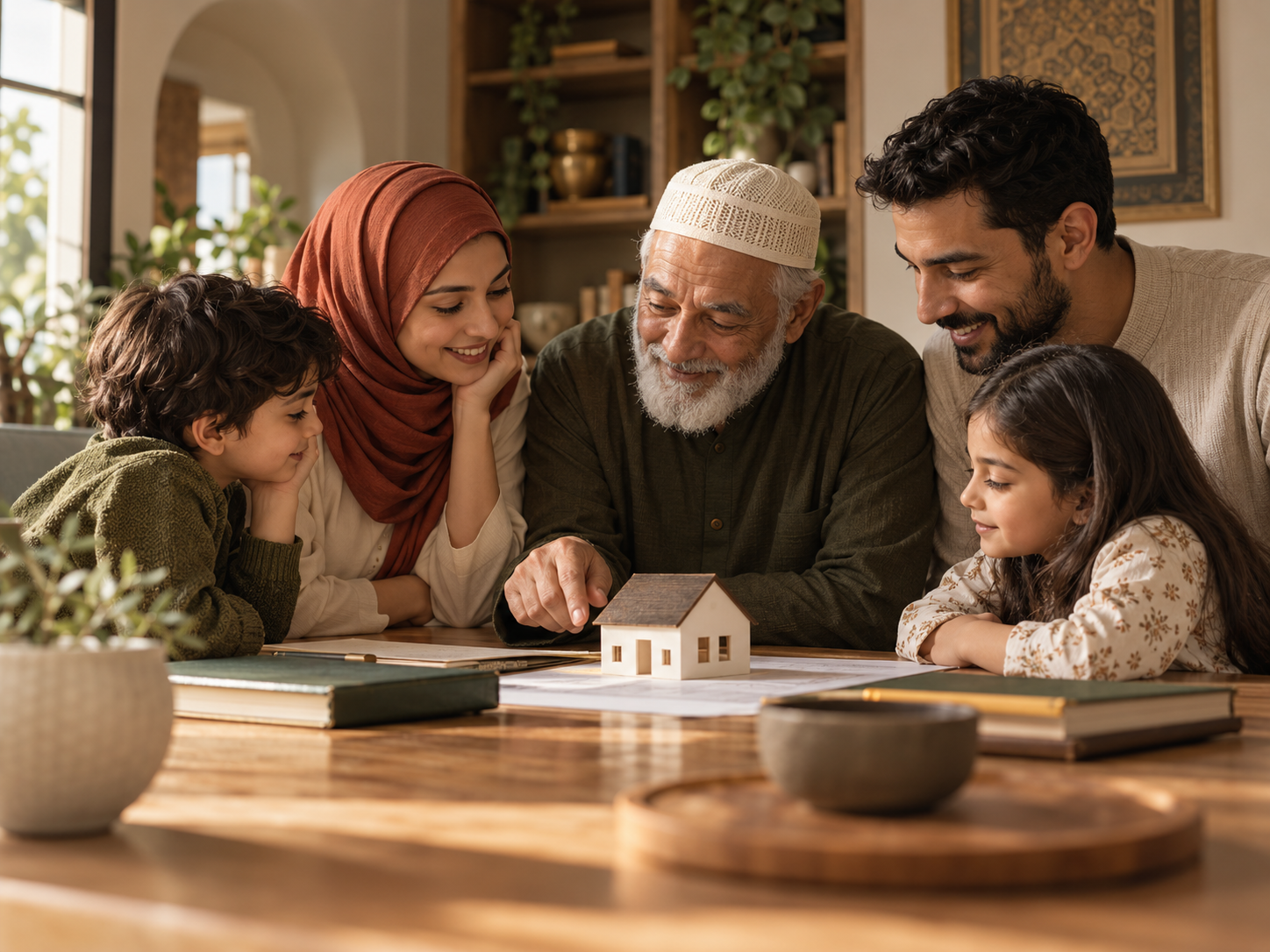 Family sitting at a table reading about Pfida's waqf