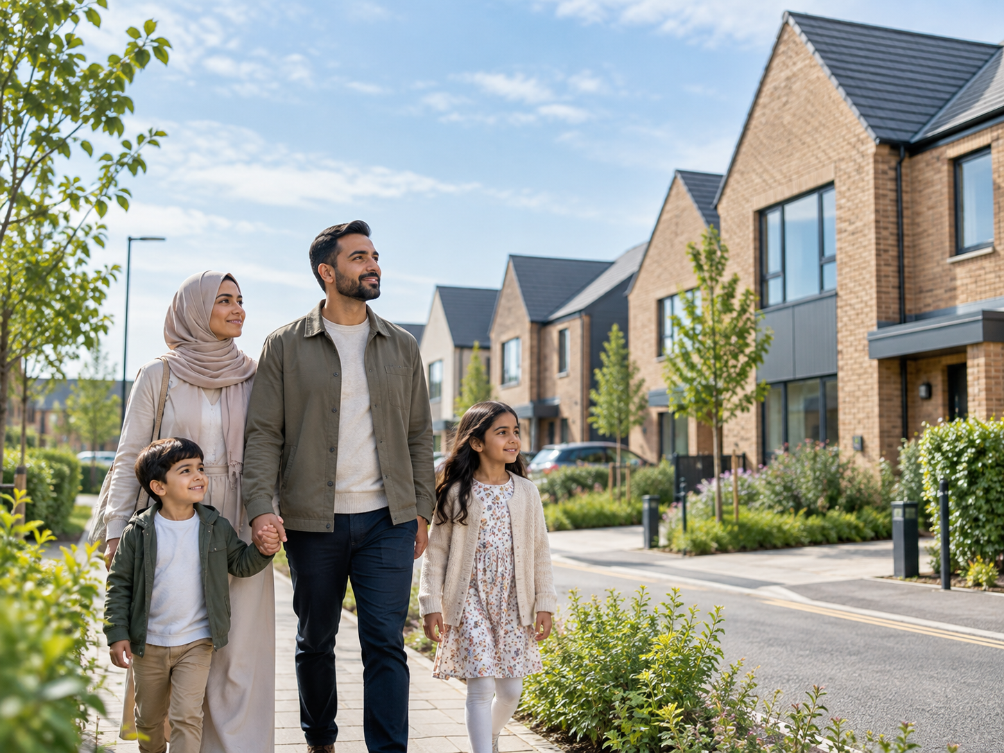 A family walking along a street looking at new homes